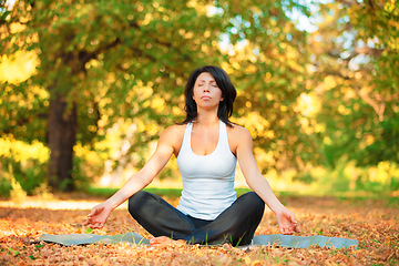 Image showing Woman, meditation and nature for yoga outdoor for wellness and peace of mind, forest and fitness. People, calm and breathe with stillness of chakra for energy, balance and sitting for flow of ease