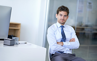 Image showing Businessman, portrait and confidence in corporate office as financial consultant for company, growth or professional. Male person, face and arms crossed or sitting for employee, career or startup