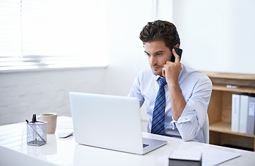 Image showing Businessman, office and phone call for feedback with client for consultation, update and negotiate terms. Cellphone, clarity and discussion with stakeholder for project plan, idea and schedule