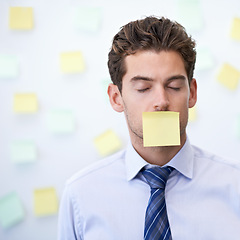 Image showing Man, sticky note and face or business stress or to do list with schedule reminder or project planning, deadline or brainstorming. Male person, employee and eyes closed or tired, overworked or burnout