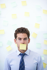 Image showing Businessman, portrait and sticky note for plan, office and professional workspace. Male person, company and confident for secret, startup and entrepreneur for career and brainstorming expert