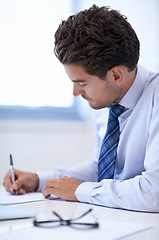 Image showing Businessman, document and writing notes for brainstorming, office and professional workspace. Male person, company and confident for finance broker, startup and entrepreneur for career and planning