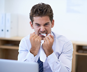 Image showing Businessman, stress and paper in mouth for anger, overwhelmed and burnout at workplace. Professional man, overworked and frustrated with document in office for project, deadline or administration