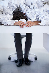 Image showing Businessman, desk and sleep with pile of paperwork, crisis and tired with burnout, stress and admin. Fatigue, audit and man lost in documents, overworked and overwhelmed with pressure in office.