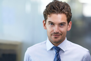 Image showing Man, business and portrait smile in office for entrepreneurship, career and growth for corporate enterprise work. Professional businessman, confidence and employee for agency, company and workplace
