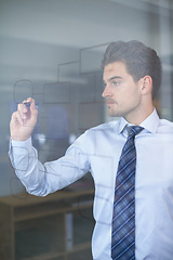 Image showing Businessman, idea and mindmap on glass wall for strategy, thinking and planning in office. Innovation, vision and professional man with illustration for brainstorming, analysis and problem solving