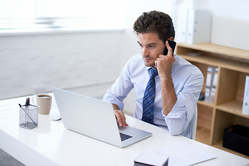 Image showing Businessman, working and laptop in phone call with client for feedback and update to discuss terms. Consultation, corporate and progress report stakeholder for project, plan and company growth