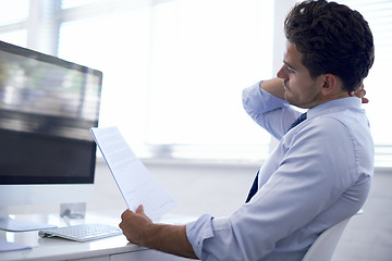 Image showing Contract administrator, man and office with document to draft, review and report for business policy. Compliance, regulations and paperwork for recommendation with research, feedback and advice.