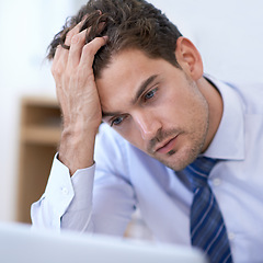 Image showing Laptop, frustrated and business man with mistake, fail or stress with glitch in office. Computer, depression or serious professional with bankruptcy, taxes or challenge of financial crisis with error
