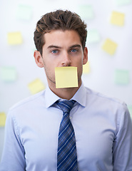 Image showing Businessman, portrait and sticky note on mouth or corporate schedule or to do list, project planning or censored. Male person, paper and face or reminder for professional, brainstorming or deadline