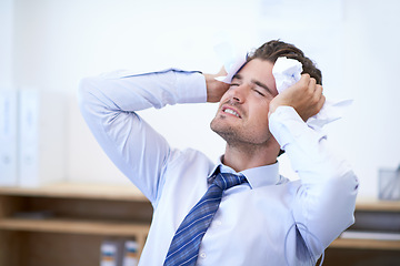 Image showing Businessman, head and angry with crumpled paper, mistake and burnout for frustration, debt and headache. Stressed employee, worker and report for bills, worried and failure with audit or deadline