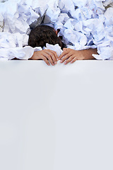 Image showing Man, desk and sleeping in pile of paperwork, crisis and tired with burnout, stress and administration. Fatigue, audit and person lost in documents, overworked or overwhelmed with pressure with mockup