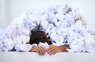 Image showing Man, desk and sleep with pile of paperwork, crisis and tired with burnout, stress and administration. Fatigue, audit and person lost in documents, overworked and overwhelmed with pressure in office.