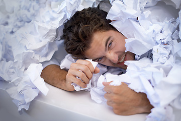 Image showing Portrait, frustrated and man with pile of paperwork, crisis and tired with burnout, stress and anger. Fatigue, audit and person in documents, overworked and overwhelmed with pressure in office.