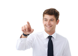 Image showing Smile, finger and pointing with business man in studio isolated on white background for interface access. Future, cybersecurity or biometrics and hand of happy young employee at work as web user