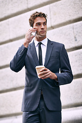 Image showing Phone call, coffee and business man in city for corporate, communication and contact. Networking, technology and conversation with male employee in outdoors for feedback, planning and chat