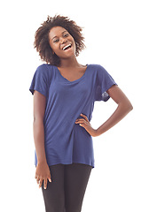Image showing Fashion, confidence and portrait of black woman laughing in studio isolated on a white background. Excited, funny or happy African person, smile or positive model in casual clothes for style in Kenya