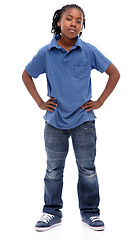 Image showing Child, bored and portrait with problem and moody with cool clothing in a studio. Youth, annoyed and unhappy African male boy with casual fashion and clothes with attitude and white background