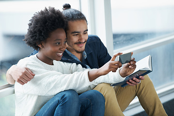 Image showing Phone, selfie and interracial couple of students on a campus with social media and profile picture with smile. School, studying and diversity with mobile for website together in college with bonding