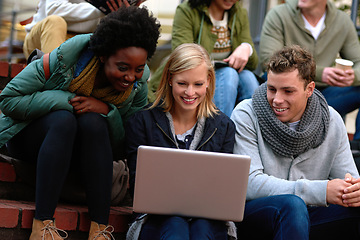 Image showing College, students and laptop on stairs outdoor for research, relax or break on campus with social media. University, friends or smile with technology for internet, streaming or learning and diversity