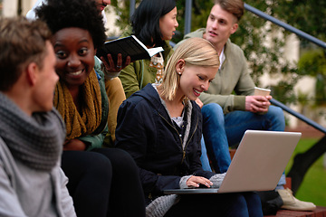 Image showing College, friends and laptop on stairs outdoor for research, relax or break on campus with social media. University, students or smile with technology for internet, streaming or learning and diversity