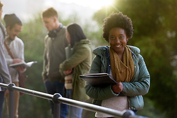 Image showing Student, black woman and portrait with books on campus, education and learning material for studying. Happy, scholarship and university for academic growth, textbook or notebook with knowledge