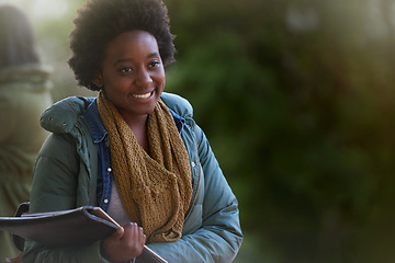 Image showing Student, black woman and smile with books on campus, education and learning material for studying. Happy, scholarship and university for academic growth, textbook or notebook with knowledge outdoor