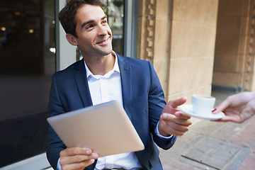 Image showing Businessman, morning and tablet in city coffee shop for email, networking and corporate work. Male employee, digital technology and online for report, cup and browsing for reading online information