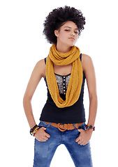 Image showing Woman, hipster and scarf in studio portrait with confidence, trendy style and jeans by white background. Girl, person and fashion model with pride for clothes in retro outfit with afro in Brazil