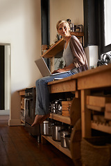 Image showing Woman in kitchen, laptop and remote work, thinking of ideas for blog, freelancer and copywriting. Working from home, website and writing article with tech and copywriter search for inspiration