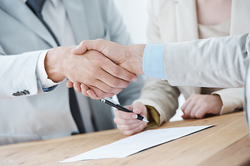 Image showing Handshake, business people and collaboration, onboarding with human resources in meeting or interview. Contract, cooperation and partnership with signature, recruitment and shaking hands for welcome