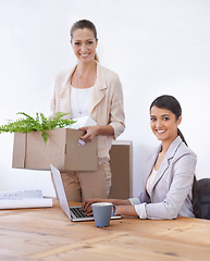 Image showing Portrait, women and moving to office with laptop, smile and opportunity for entrepreneurship together. Computer, startup and business people with box for relocation, new workplace and partnership.