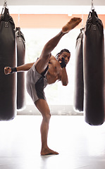 Image showing Men, coach and mixed martial arts with training fight, gloves and punch pad for fitness in gym. People, combat and action for mma, boxing or hands for power, workout and exercise for competition