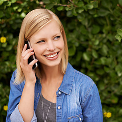 Image showing Phone call, smile and happy woman relax in a park with online conversation, listening or chat. Smartphone, hello or lady person in nature with web communication for taxi, chauffeur or commute service