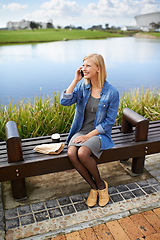 Image showing Phone call, park and woman on bench in nature for communication, social networking and chat. Relax, happy and person with coffee on lunch break talking, speaking and in conversation on smartphone