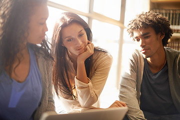 Image showing University, college and students with laptop for learning, research project and internet in study group. Education, friends and women and men on computer for academy, knowledge and studying together