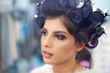 Image showing Woman face, hair and makeup with curlers in salon, cosmetic care and fashion model for treatment. Beauty, actor or celebrity backstage with hairdresser and styling, haircare with skin and glamour