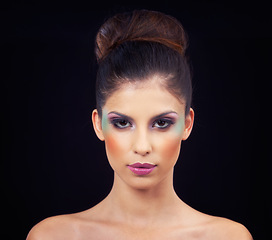 Image showing Colorful, makeup and creative portrait with woman in studio and black background with beauty. Cosmetics, creativity and model with unique identity or rainbow aesthetic with confidence in skincare