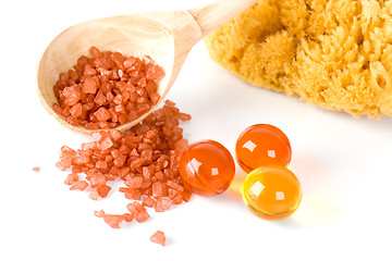 Image showing natural sponge, bath salt and oil balls