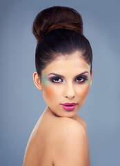 Image showing Colorful, makeup and creative portrait with woman in studio and gray background with beauty. Cosmetics, creativity and model with unique identity or rainbow aesthetic with confidence in skincare