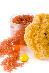 Image showing natural sponge, bath salt and oil balls