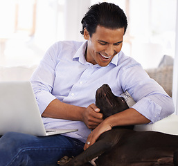 Image showing Man, dog and smile with laptop on sofa for bonding, playing or happiness with remote work in home. Animal, person and cuddle with face on couch in living room for research, comfort and love for puppy