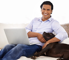 Image showing Man, dog and portrait with laptop on sofa for bonding, playing or happiness with remote work in home. Animal, person and face with smile on couch in living room for research, cuddle or love for puppy