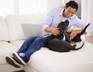 Image showing Man, dog and happiness with laptop on sofa for bonding, playing and face with remote work in home. Animal, person and comfort with smile on couch in living room for research, cuddle or love for puppy