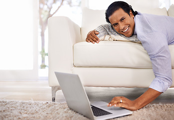 Image showing Laptop, remote work or portrait of businessman on sofa streaming, video or social media at home. Pc, search or freelancer in living room with online tutorial for elearning, upskill or training course