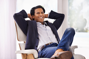 Image showing Relax, stretching and businessman portrait on chair smile, relieved or work success satisfaction at home. Happy, face and male entrepreneur in a living room relax, chilling or moment of stress relief