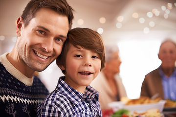 Image showing Christmas, father and portrait of happy child in home with bokeh, bonding and family having fun together at festive celebration. Xmas, face and kid with dad on holiday for love or connection at party