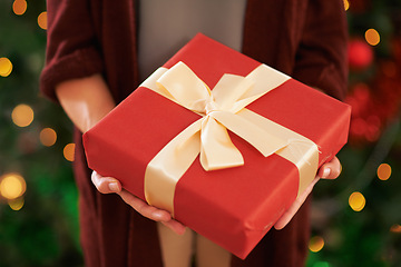 Image showing Hands, gift and Christmas box for festive season on holiday or present package for celebrate, party or decoration. Person, fingers and giving in Canada with ribbon or joyful vacation, bokeh or lights