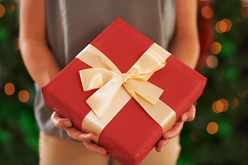 Image showing Person, gift and Christmas box for festive season on holiday or present package for celebrate, party or decoration. Hands, fingers and giving in Canada with ribbon or joyful vacation, bokeh or lights