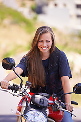 Image showing Portrait, journey and outdoor with woman, motorbike and extreme sports with helmet and safety. Face, person and girl with transport or travel with adventure and rider with freedom joyful or road trip